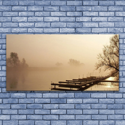 Glasfoto Bridge Water Mist Landscape