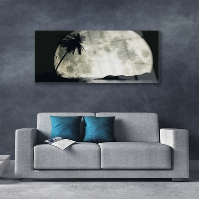 Glasbillede Night Moon Palm Landscape