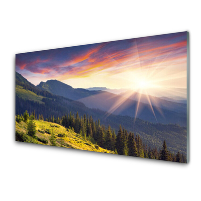 Glasbillede Mountain Forest Sunshine Landscape