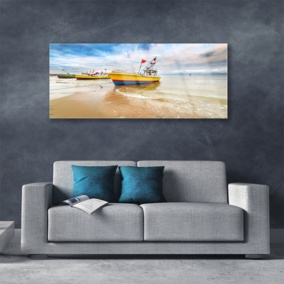 Glasfoto Boats Beach Sea Landscape