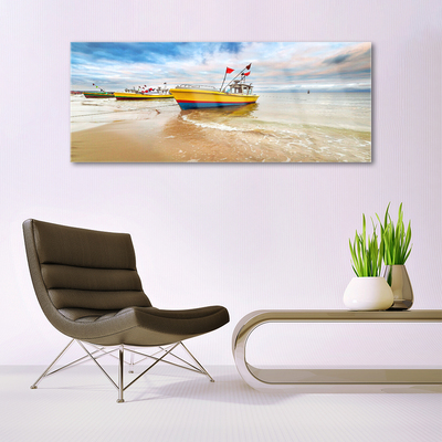 Glasfoto Boats Beach Sea Landscape