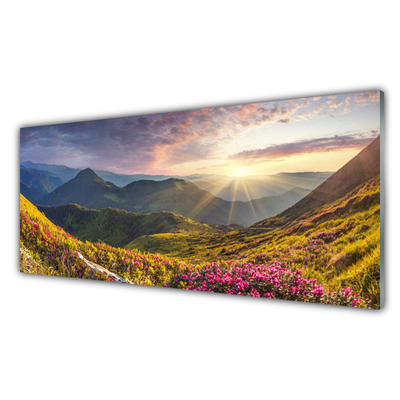 Glasfoto Mountain Meadow Sun Landscape