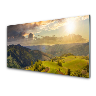 Billede i glas Mountains Meadow Sunset