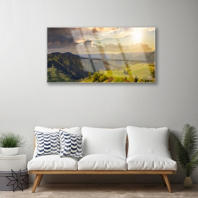 Billede i glas Mountains Meadow Sunset