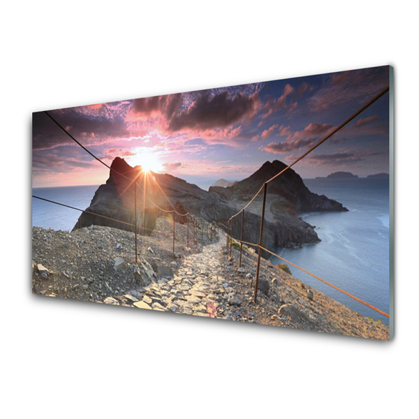 Glasfoto Bjerge Sti Solnedgang Klippe