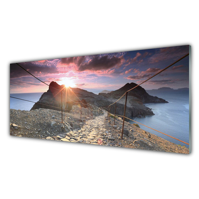 Glasfoto Bjerge Sti Solnedgang Klippe