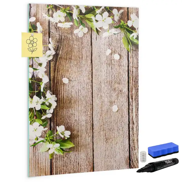 Magnetisk whiteboard med motiv af blomster på træbrædder