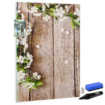 Magnetisk whiteboard med motiv af blomster på træbrædder