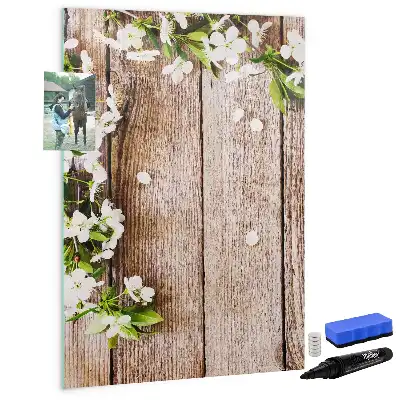 Magnetisk whiteboard med motiv af blomster på træbrædder