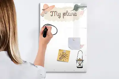 Magnetisk whiteboard med teksten Mine planer