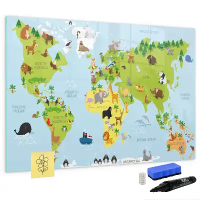 Magnetisk skrivetavle med motiv af verdenskort med dyr