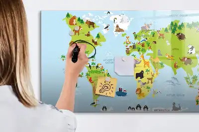 Magnetisk skrivetavle med motiv af verdenskort med dyr
