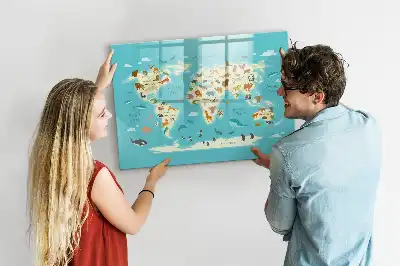Magnetisk skrivetavle med motiv af verdenskort med dyr