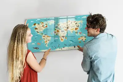 Magnetisk skrivetavle med motiv af verdenskort med dyr