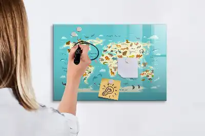 Magnetisk skrivetavle med motiv af verdenskort med dyr
