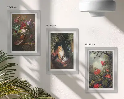 Billedvæg med vintage motiv af blomster, katte og planter i naturen