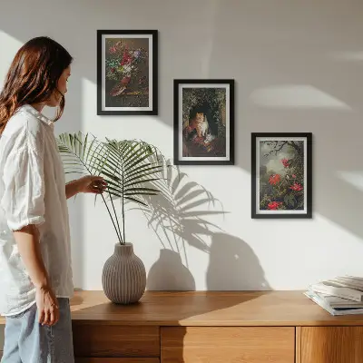 Billedvæg med vintage motiv af blomster, katte og planter i naturen