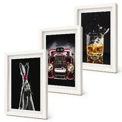 Billedrammer med motiver kvindeben med en rose, gammel bil og et glas whisky
