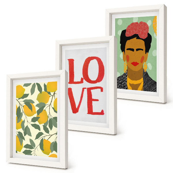 Pakke med billeder og rammer Citroner med indskriften LOVE malet portræt af Frida Kahlo