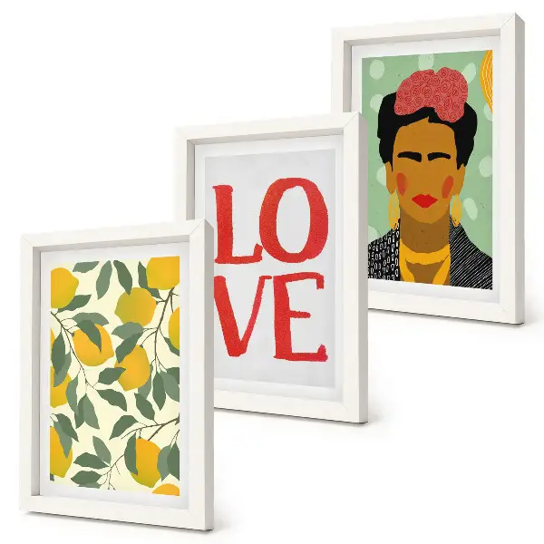 Billedvæg med rammer portræt af Frida Kahlo med citroner og teksten LOVE