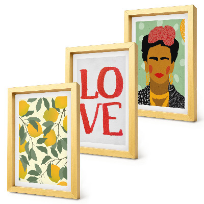 Pakke med billeder og rammer Citroner med indskriften LOVE malet portræt af Frida Kahlo