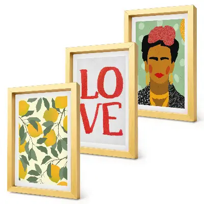 Billedvæg med rammer portræt af Frida Kahlo med citroner og teksten LOVE