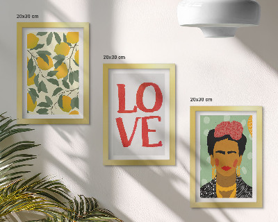 Pakke med billeder og rammer Citroner med indskriften LOVE malet portræt af Frida Kahlo