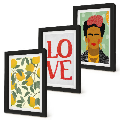 Pakke med billeder og rammer Citroner med indskriften LOVE malet portræt af Frida Kahlo