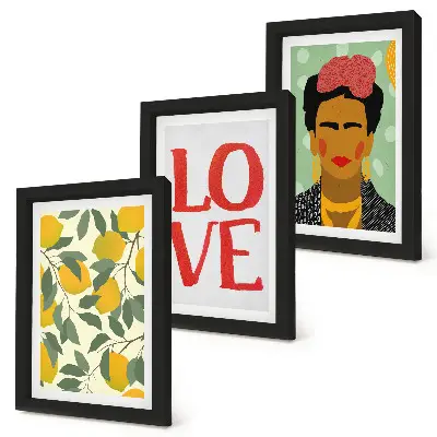 Billedvæg med rammer portræt af Frida Kahlo med citroner og teksten LOVE