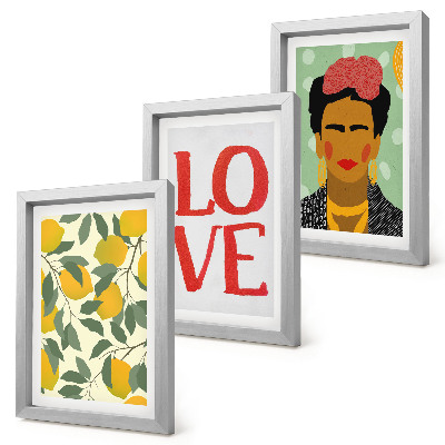 Pakke med billeder og rammer Citroner med indskriften LOVE malet portræt af Frida Kahlo