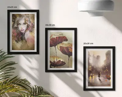 Billedvæg med rammer abstrakt portræt af en kvinde med blomster og by i regnvejr