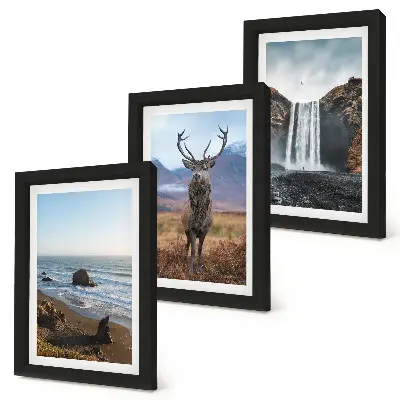 Billedvæg med rammer motiver af bjerglandskaber med vandfald, hjort og strand