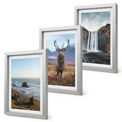 Billedvæg med rammer motiver af bjerglandskaber med vandfald, hjort og strand