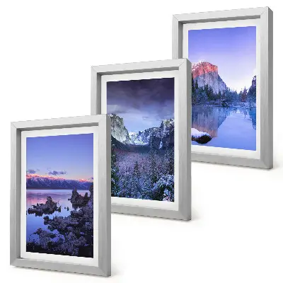 Moderne billedsæt bjerglandskaber i skumringen med udsigt over vandet