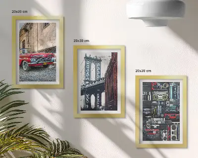 Billedvæg med motiv af en gammel bil på gaden nær Brooklyn Bridge og retro lydudstyr