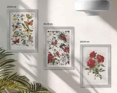 Billedvæg med sommerfugle, blomster og røde roser i klassisk stil