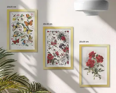 Billedvæg med sommerfugle, blomster og røde roser i klassisk stil