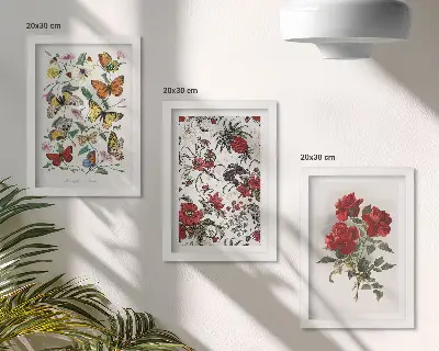 Billedvæg med sommerfugle, blomster og røde roser i klassisk stil
