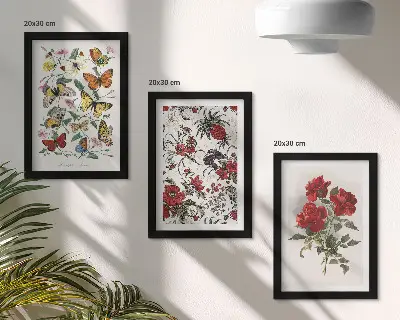 Billedvæg med sommerfugle, blomster og røde roser i klassisk stil