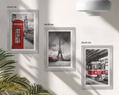 Moderne billedsæt med ikoniske byer som London, Paris og jernbanetransport