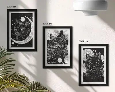 Pakke med billeder og rammer sorte katte med månen og planeter i rummet som baggrund
