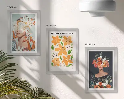 Billedvæg med blomsterportrætter af farverige buketter og blade