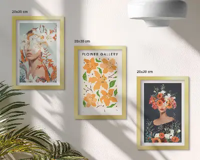 Billedvæg med blomsterportrætter af farverige buketter og blade