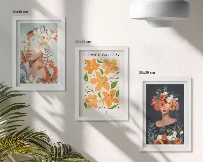 Billedvæg med blomsterportrætter af farverige buketter og blade