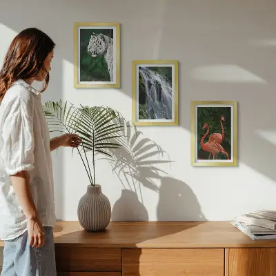 Pakke med billeder og rammer med motiv af tigervandfald og lyserøde flamingoer i naturen