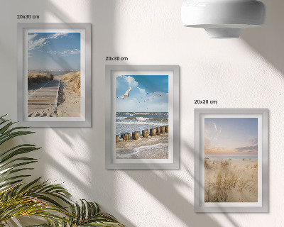 Moderne billedsæt Strand med sand, bølger, himmel og fugle i flugt