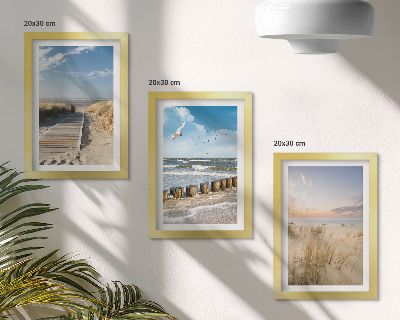 Moderne billedsæt Strand med sand, bølger, himmel og fugle i flugt