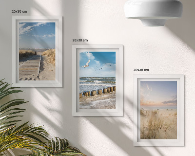 Moderne billedsæt Strand med sand, bølger, himmel og fugle i flugt