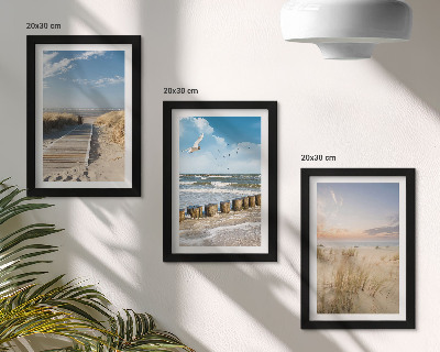 Moderne billedsæt Strand med sand, bølger, himmel og fugle i flugt