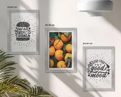 Billedvæg med køkkenmotiver og saftige appelsiner